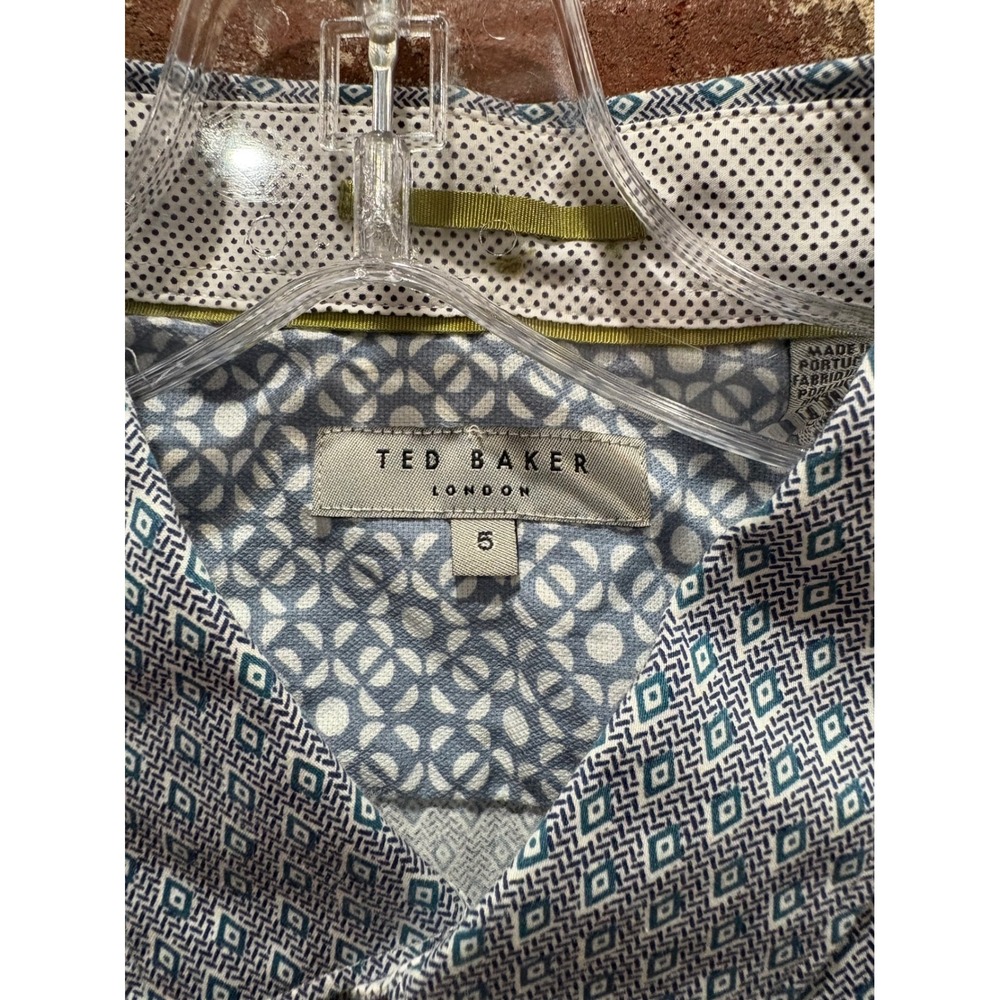Ted Baker London Blue Geometric Diamond Short Sleeve Button Up Shirt Size 5 XL - Picture 3 of 6